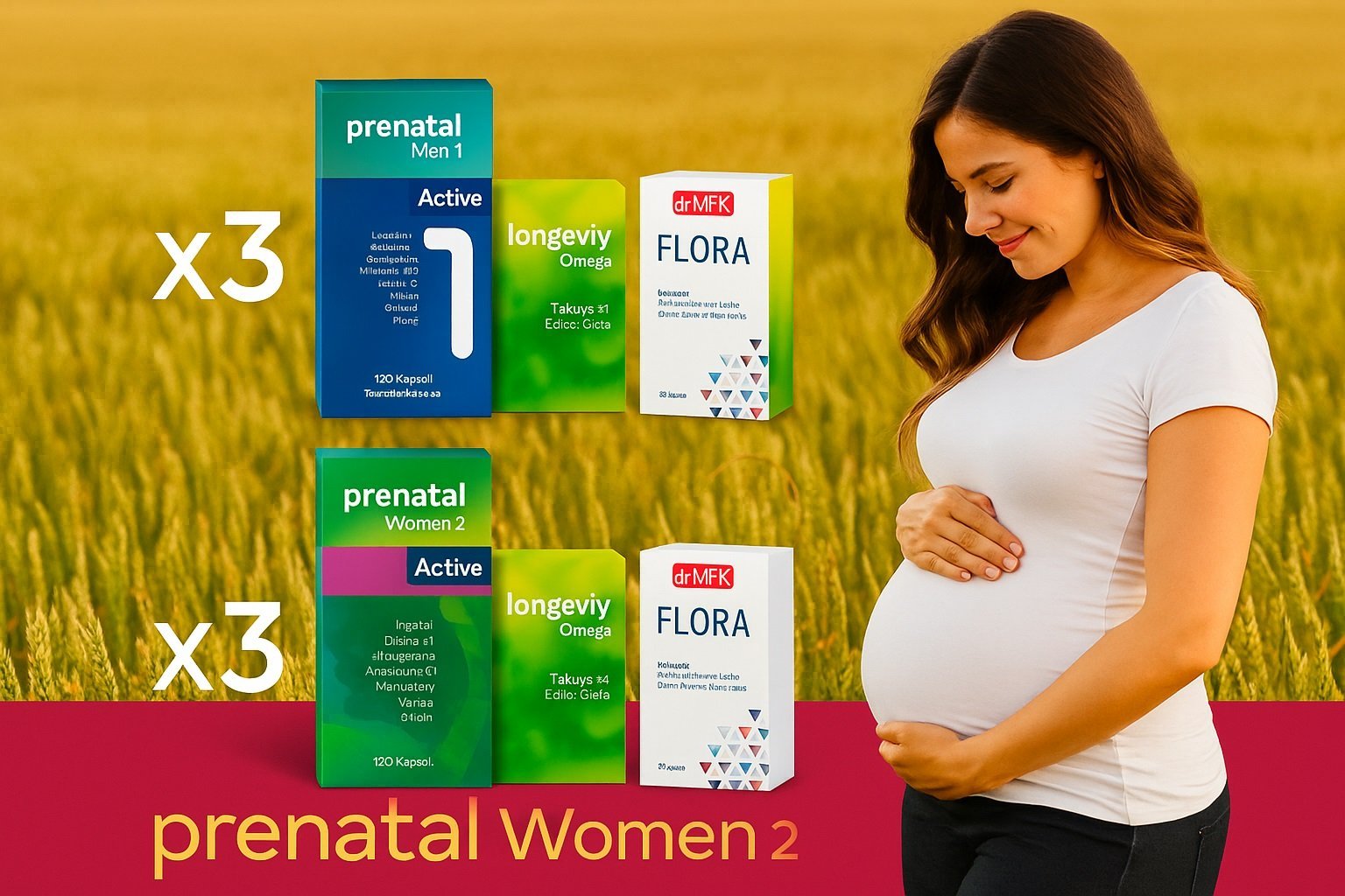 Premium - 3 Aylık Eş Paketi (3x Prevital Men Bir, 3x Prenetal Women Bir, 6x Omega Active, 6x Flora)