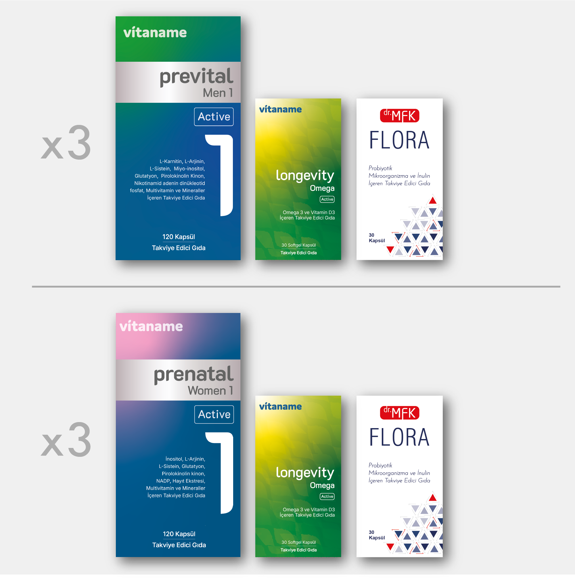 3 Aylık Eş Paketi (3x Prevital Men Bir, 3x Prenetal Women Bir, 6x Omega Active, 6x Flora)