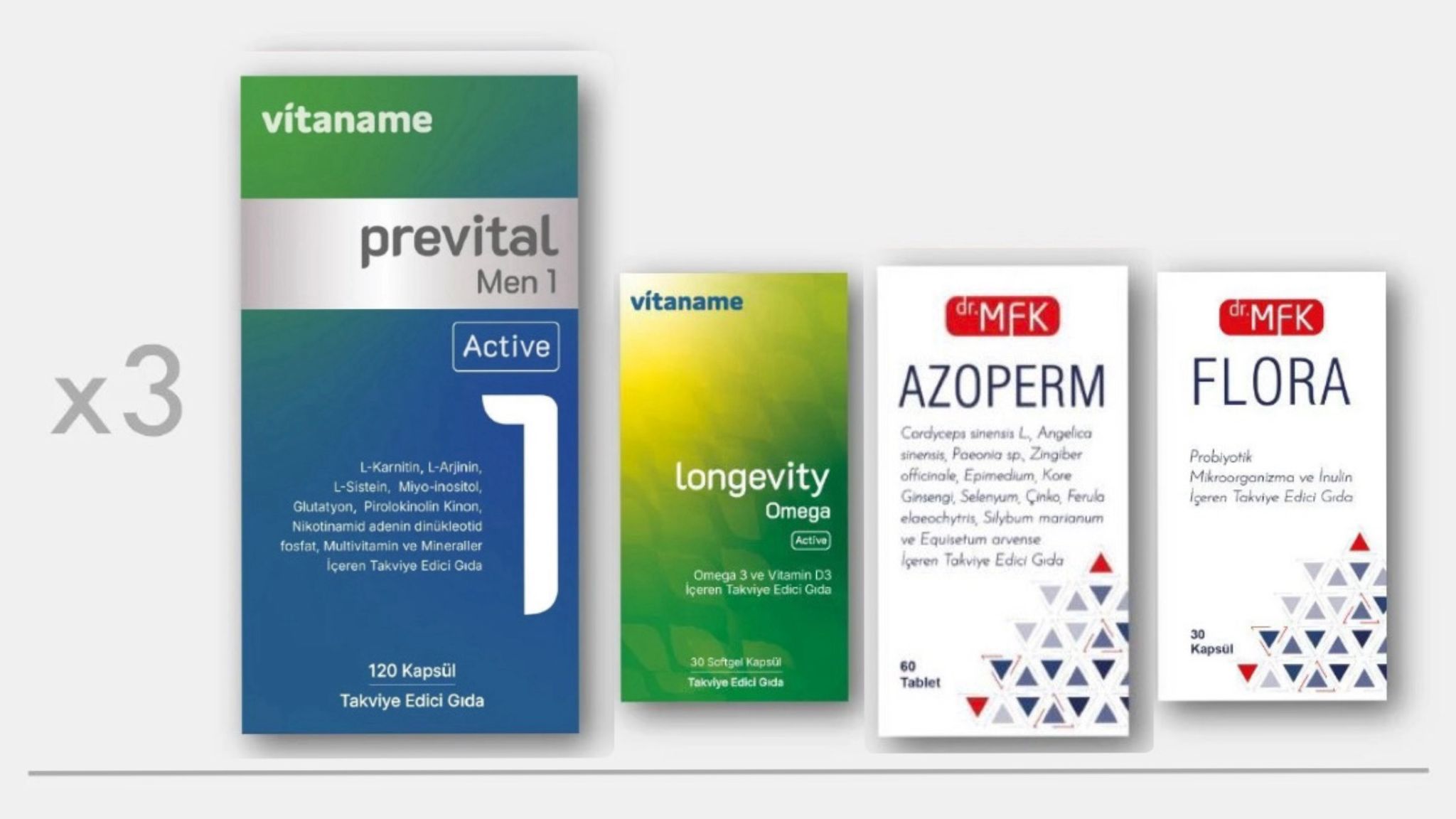 Premium Men paketi - 3 Aylık  (3x Prevital Men Bir, 3x Azoperm, 3x Omega Active, 3x Flora) Erkek Paketi