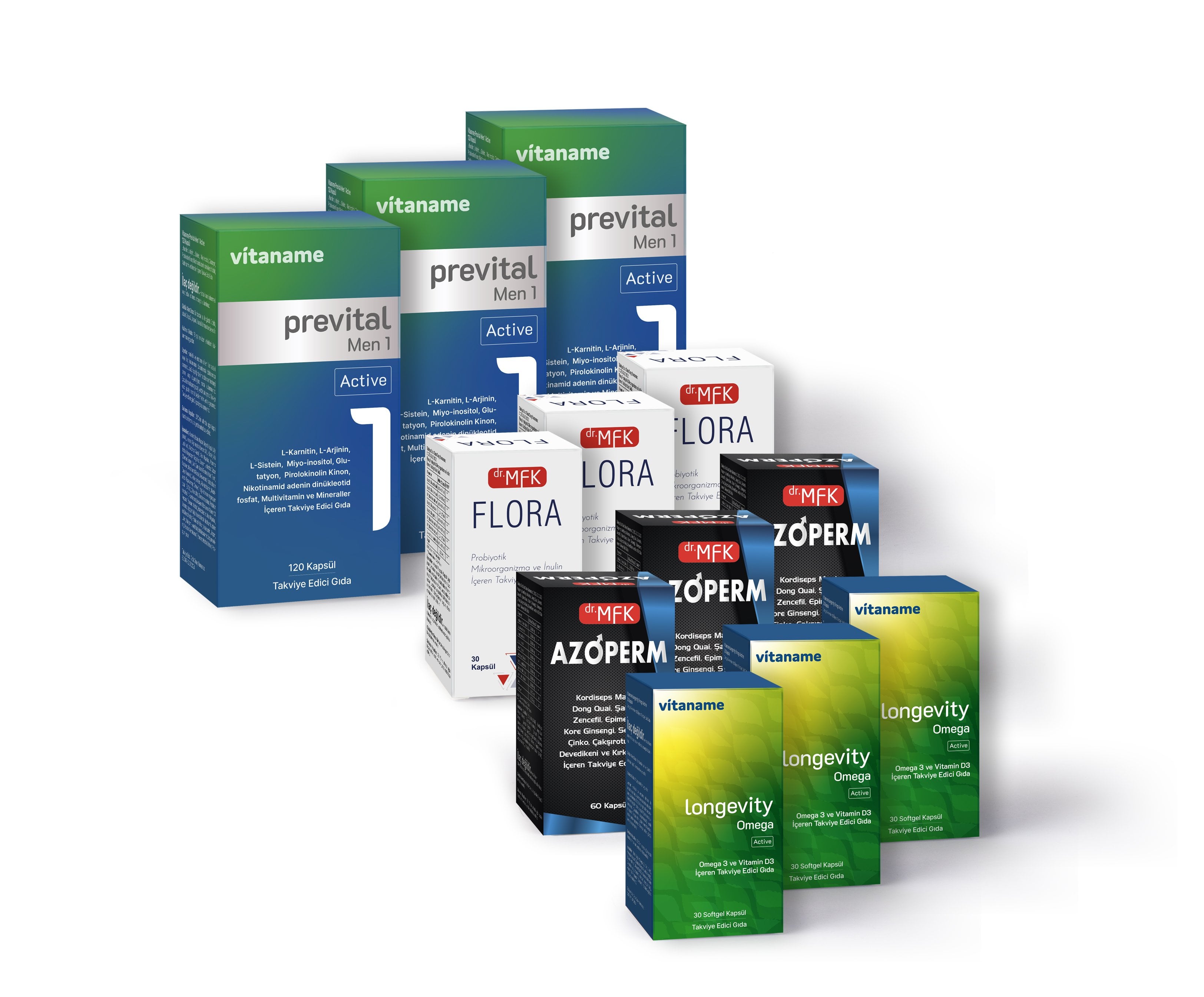MEN PAKETİ …Premium Men paketi - 3 Aylık (3x Prevital Men Bir, 3x Azoperm, 3x Omega Active, 3x Flora)