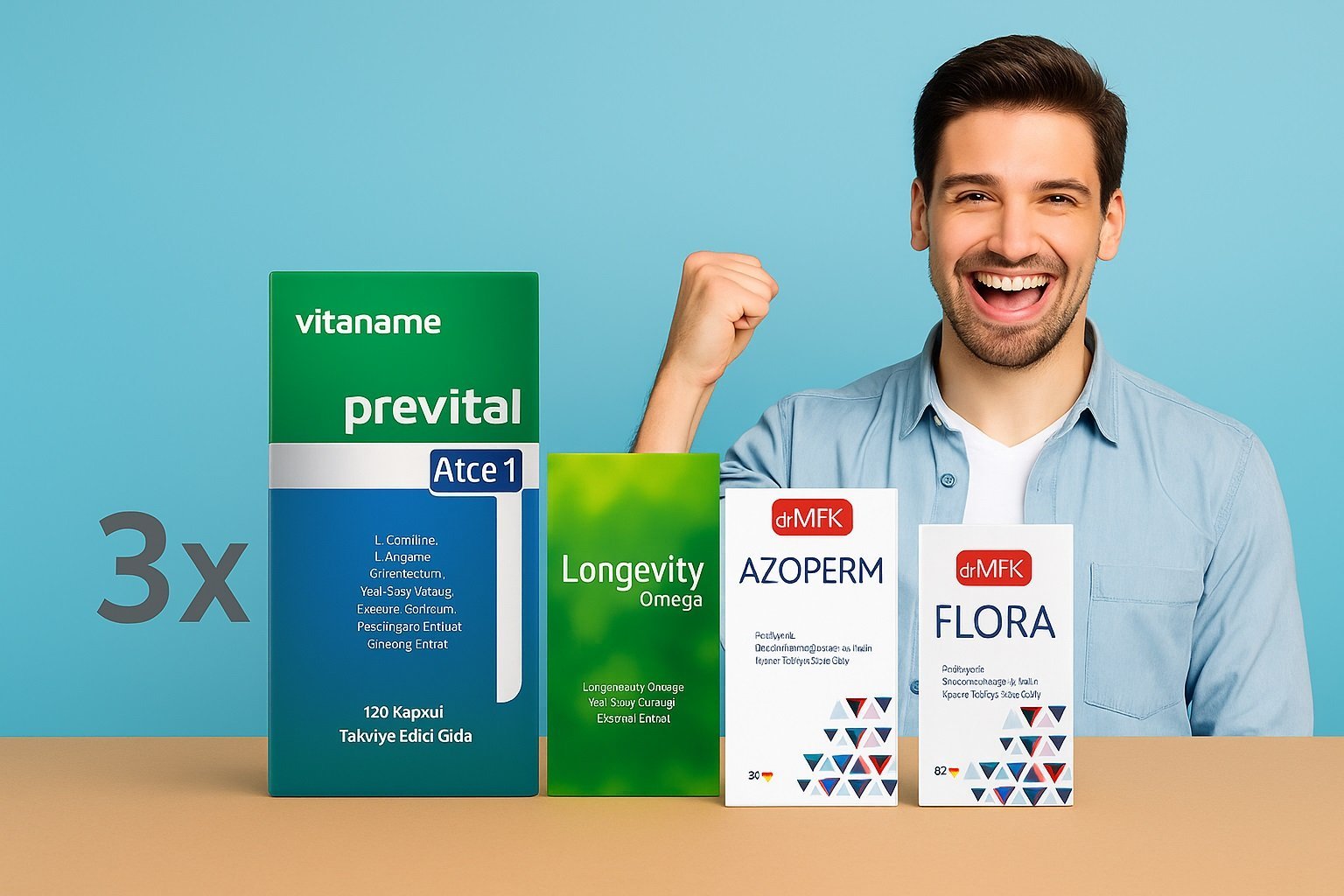 Premium - 3 Aylık Erkek Paketi (3x Prevital Men Bir, 3x Azoperm, 3x Omega Active, 3x Flora)