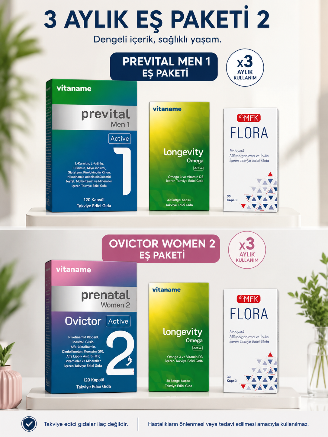 Eş 2  PREMİUM EŞ PAKETİ 3Ay {Ovictor} (3 adet Prevital Man 1, 6 adet Omega Active, 6 adet Flora, 3 adet Prenatal Woman 2 Ovictor)