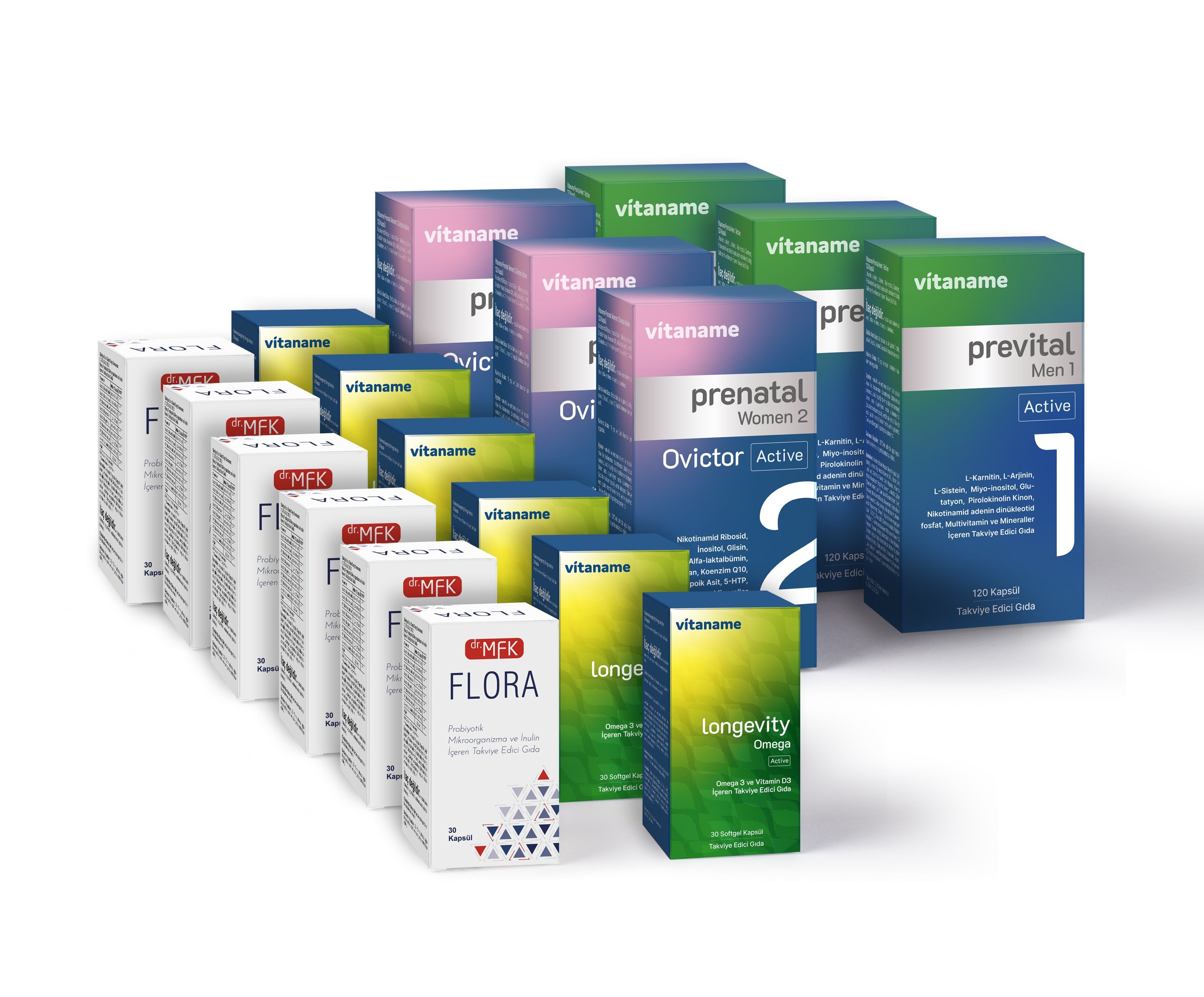 Eş 2  PREMİUM EŞ PAKETİ 3Ay {Ovictor} (3 adet Prevital Man 1, 6 adet Omega Active, 6 adet Flora, 3 adet Prenatal Woman 2 Avictor)